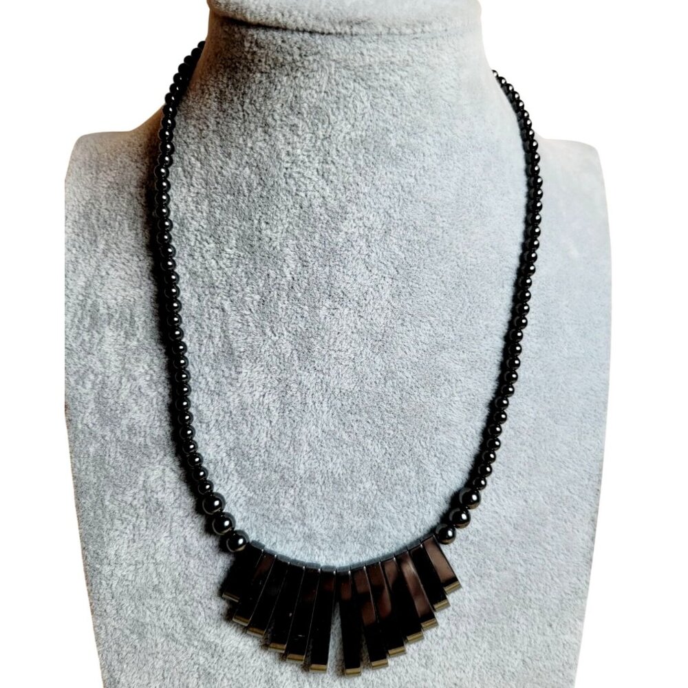 Vintage Bib Choker Necklace Hematite Bars & Beads 17" Black Gray Crystals